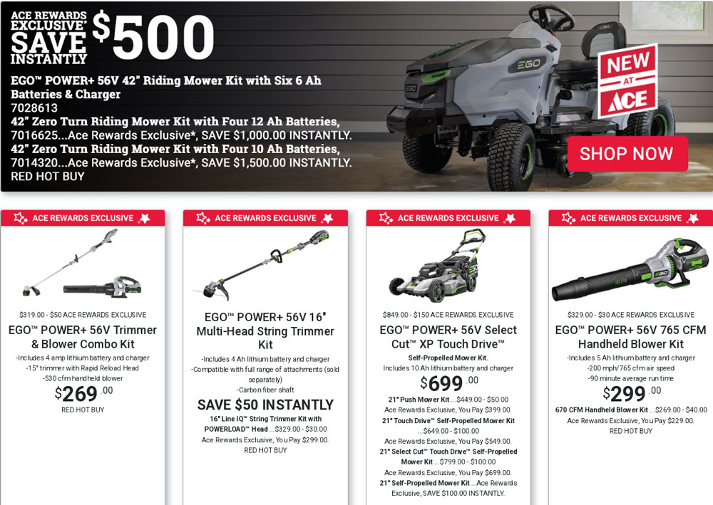 ace red hot buys, best prices on lawn mowers near me, deals on electric blowers near me