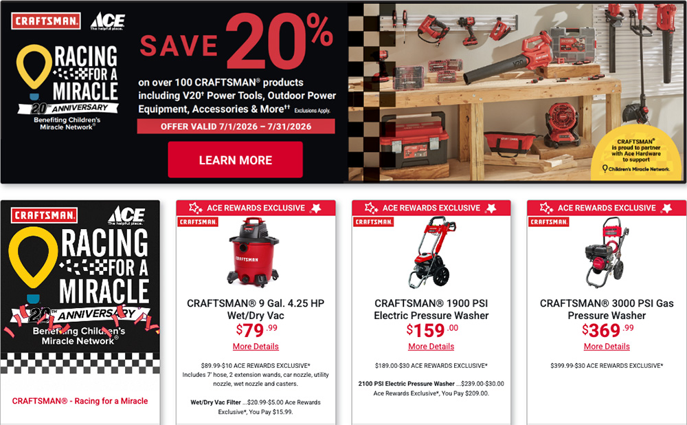 craftsman tools, racing for a miracle, children's miracle network, ace hardware